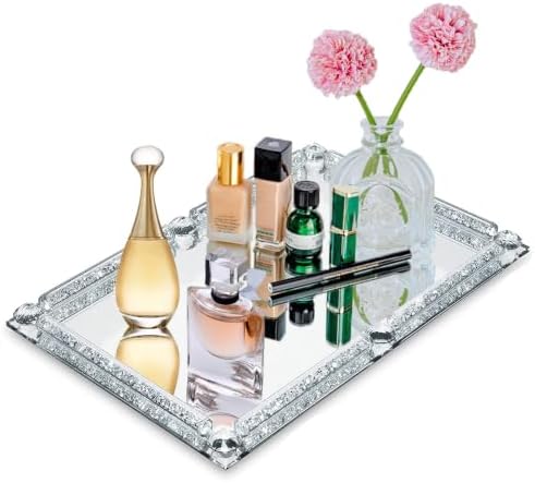 Mirror Perfume Tray for Dresser,Silver Crushed Diamond Filled