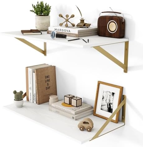 Heimlove 24W x 12D Deep Floating Shelves Set of 2 White & Gold