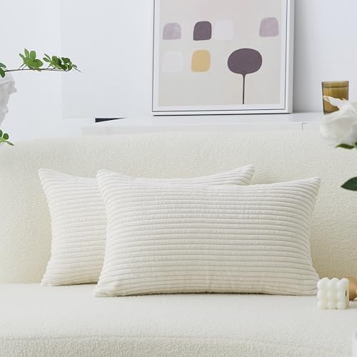 Home Brilliant Rectangle Throw Pillow Covers 12x20 Set of 2 Solid Striped Velvet Oblong Throw Pillow Case for Couch Chair Baby Toddler Summer Lumbar Pillow, 12 x 20 inch, Cream Cheese
