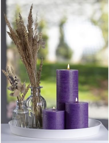 CANDWAX Assorted Pillar Candles Set of 3 – Sizes 3", 4", 8" Unscented Dripless Large Candles, Rustic Style for Weddings, Events, Home Decor – Purple