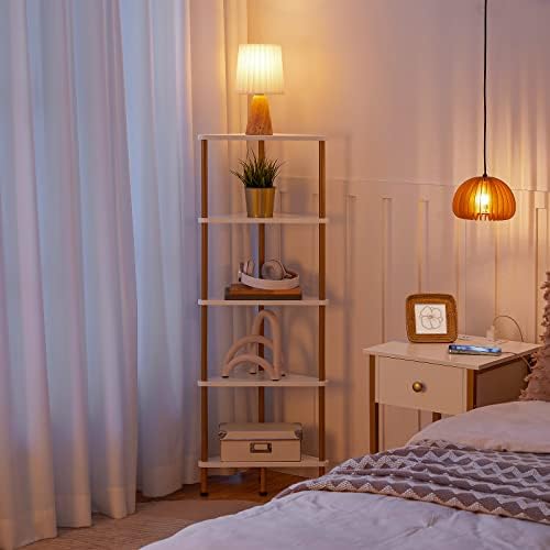 HOOBRO Corner Shelf Stand, Industrial 5-Tier Wall Corner Bookshelf with Metal Frame, Plant Display Shelf, Bookcase for Small Spaces, Bedroom, Living Room, White and Gold DW33CJ01