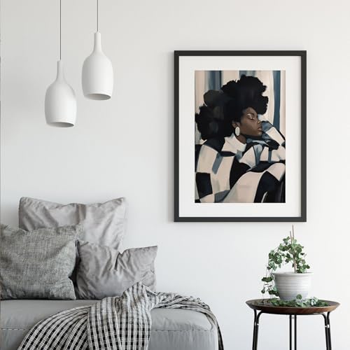 Black Woman Canvas Wall Art African American Wall Decor, 16"x24" Unframed | Abstract Black Girl Art Poster, Contemplative Afro Woman Portrait Painting Print, Feminine Energy Poster for Bedroom Decor