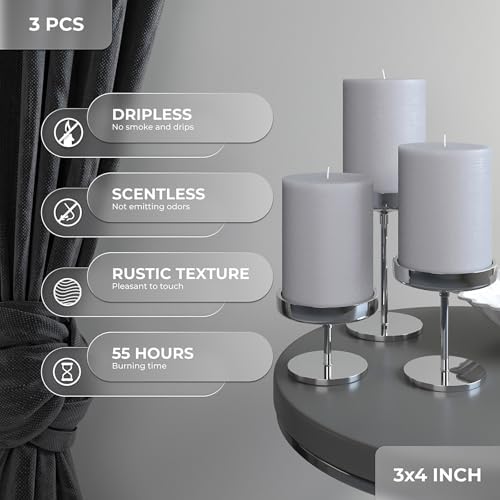 CANDWAX 3x4 inch Pillar Candles Set of 3 – Unscented Dripless Rustic Light Gray Candles for Decor, Centerpieces, Weddings
