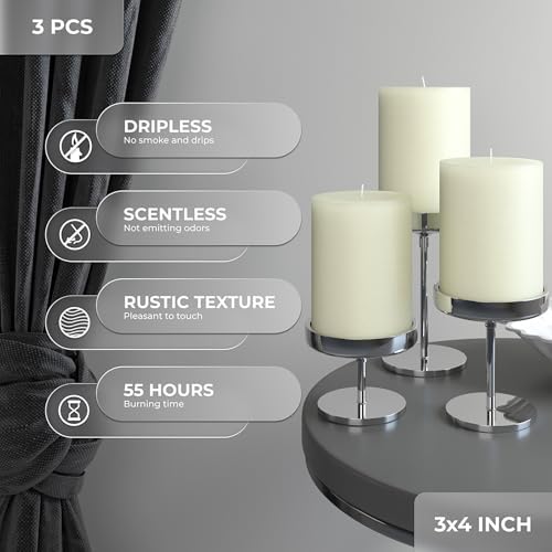 CANDWAX 3x4 inch Pillar Candles Set of 3 – Unscented Dripless Rustic Ivory Candles for Home Decor, Weddings, Table Settings
