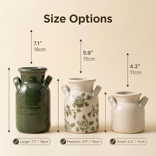 Ceramic Vase Set of 3 with Two Handles, Green White Neutral Rustic Modern Farmhouse Boho Decor, Versatile as Table Centerpiece or Mantel & Shelf Accent - Unique Home Gift Idea