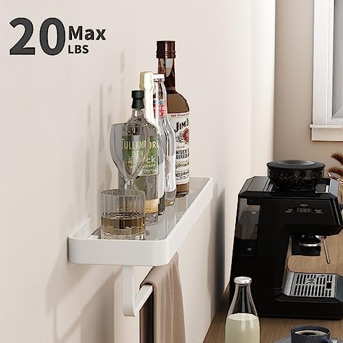 Danpoo 20 Inch Long Floating Bathroom Shelf with Towel Bar, Clear Tempered Glass Wall Shelf for Bathroom Storage Organizer, Matte White