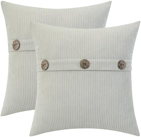 HWY 50 Light Grey Chenille Throw Pillow Covers 18x18 Inch Buttons Pack of 2