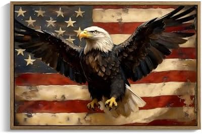 American Flag Framed Canvas Wall Art, 4th of July Patriotic Canvas Prints | USA Flag with Bald Eagle Poster Print, Vintage Independence Day Wall Decor for Bedroom Living Room 24×36in
