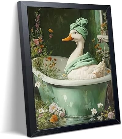 Funny Duck Bathroom Wall Art, Framed Canvas Print, Cute Duck in Bathtub Painting with Floral Water Scene, Whimsical Animal Art Oil Painting for Bathroom Restroom Home Wall Decor 12x16 Inch