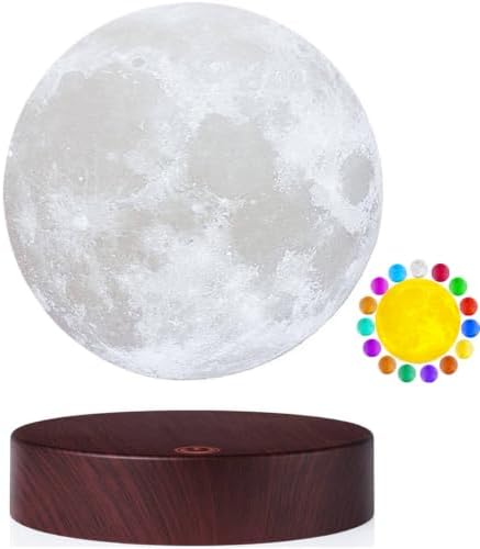 Levitating Moon Lamp.Floating and Spinning in Air Freely with Luxury Wooden Base and 3D Printing LED Moon Light Colors,for Unique Gifts,Room Decor,Night Light,Office Desk Tech Toys -6 Inch