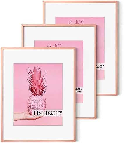 Fun Memories 11x14 Metal Picture Frame- 11x14 Aluminum Photo Frames with 8x10 Mat, Tempered Glass Front, and Hanging Hardware - Ideal for Wall or Tabletop Display (Rose Gold, Pack of 3)