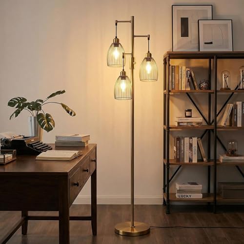 Dimmable Floor Lamp, Industrial Floor Lamps for Living Room, Antique Brass Tree Lamp Standing Lamp Tall Lamps with 3 Elegant Teardrop Cage Head & 800 Lumens LED Bulbs for Living Room Bedroom Office