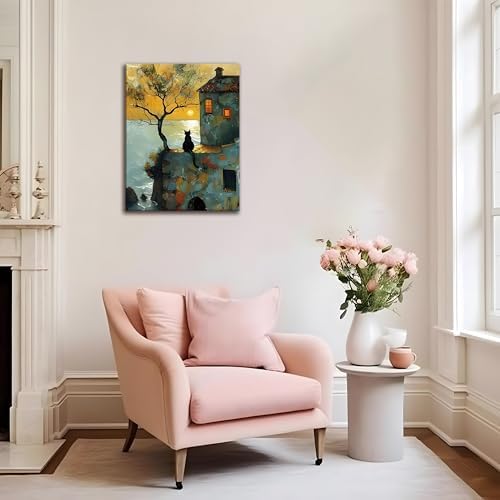 Framed Cat Watching Sunset Wall Art, Black Cat Silhouette Canvas Print Picture, Vintage Coastal Landscape Oil Painting Style, Cat Wall Decor for Living Room Bedroom 12x16 Inch