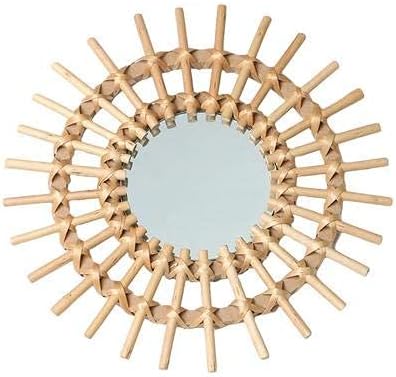 Boho Style Rattan Mirror, 11" Round Wall Mounted Mirror, Silver Frame, Vintage Boho Style, Handmade, Bathroom Wall Decor