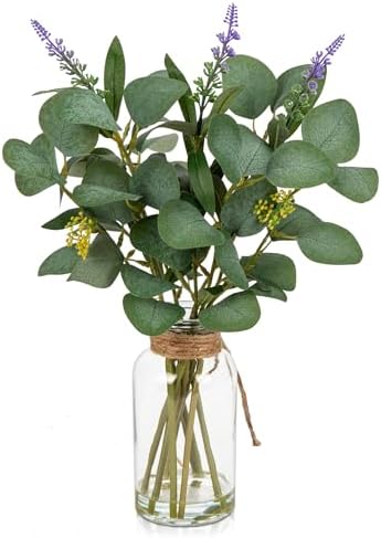 Artificial Eucalyptus Stems Fake Plants in Glass Vase with Faux Water