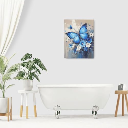 Crekviy Blue Butterfly Flower Wall Art Vintage Butterfly Pictures Wall Decor Canvas Prints Painting Artwork Decoration Girls Gifts for Bedroom Bathroom Living Room Framed 12"x16"
