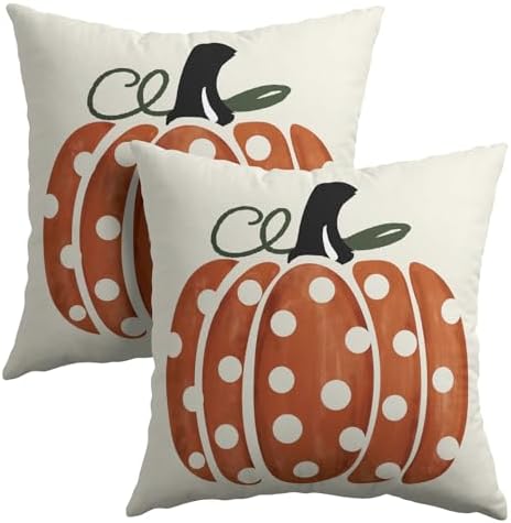 Fall Pumpkin Throw Pillow Cover 18x18 Inch Set of 2 Autumn Orange Pumpkin Outdoor Pillow Cases Polka Dot Beige Thanksgiving Farmhouse Square Cushion Covers for Sofa Couch Porch Patio Home Decor
