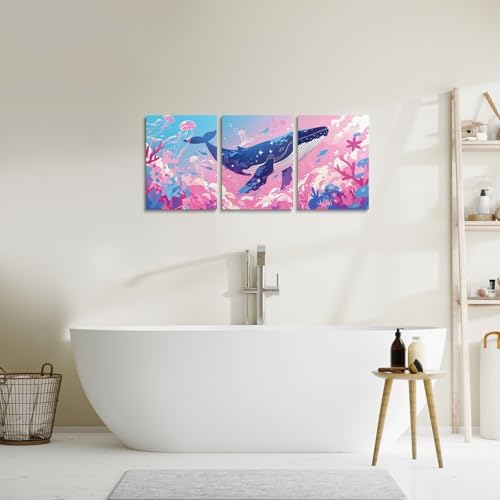 Feelyou Pretty Whale 3 Piece Canvas Wall Art for Living Room Bedroom Pink Blue Ocean Wall Art for Home Decor Jellyfish Office Wall Decor Dreamy Ocean Wall Painting