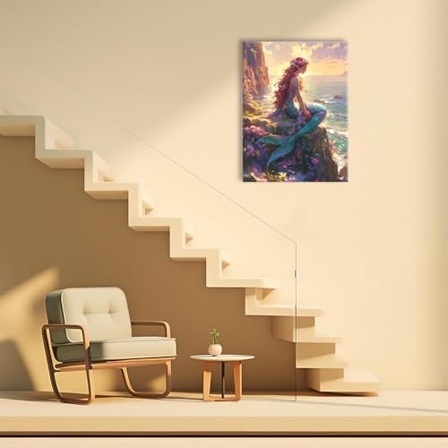 Mermaid Canvas Wall Art Ocean Pictures Mermaid Painting Coastal Prints Modern Artwork for Bathroom Living Room Bedroom Office Framed Wall Decor 20"x24"