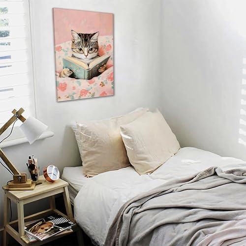Framed Cats Canvas Wall Art, Funn Tabby Cat Reading Books Picture Wall Decor, Pink Vintage Animal Poster Prints for Girls Room Bedroom Kids Room Living Room Bathroom Decor 12x16 inch