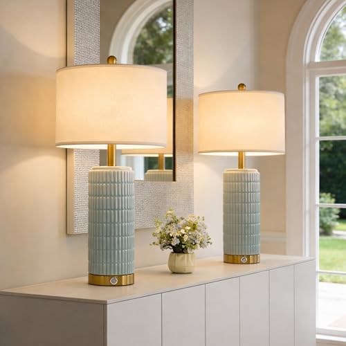 PoKat 25'' Bedside Table Lamps Set of 2 for Living Room, 3-Way Dimmable Touch Lamps for Bedroom, Modern Lamps for Nightstand with USB Ports, Coastal Blue Lamp for Office Sideboard (Bulbs Included)