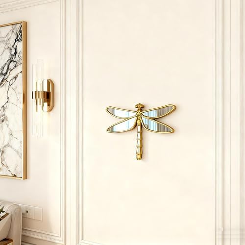Decorative Golden Dragonfly Wall Mirror, Plastic Frame with Mirrored Wings (12.4 x 9.3 inches)