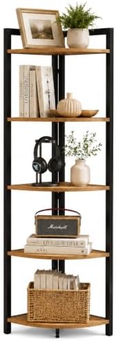 FATORRI Tall Corner Shelf, Industrial Corner Bookshelf, Wood and Metal Corner Shelf Stand for Living Room, Rustic Display Plant Stand for Home Office (Rustic Oak)