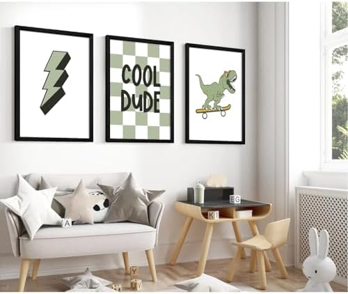 Nursery Dinosaur Wall Art Prints Set of 3 Boys Room Canvas Wall Decor Toddler Kids Prints Dinosaur Skateboard Pictures Poster Boys Dino Artwork Decor for Bedroom 12x16 Inch Wood Framed