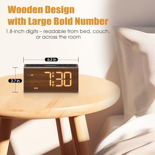 Cadmos Wooden Digital Alarm Clock for Bedroom,Electric Desk Clock with USB Port,Loud Alarm for Heavy Sleepers,Adjustable Volume & Dimmer,Snooze,DST,Wood Decor,Bedside & Desk Us(Brown - Amber Digits)