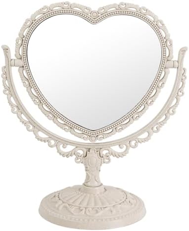 XPXKJ 7 Inch Vintage Heart Mirror - Elegant Desk Makeup Mirror with Double Sided 360 Degree Rotation Vanity Mirror for Coquette Room Decor