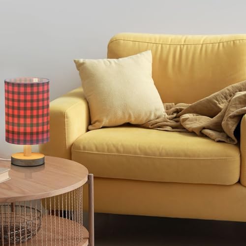 Fustylead Red and Black Buffalo Plaid Bedside Table Lamps with USB Port for Bedroom Lamp Table Lamp Small Nightstand Lamp Sturdy Linen Shade Wooden Decorative Lamps for Home Dorm Office Living Room