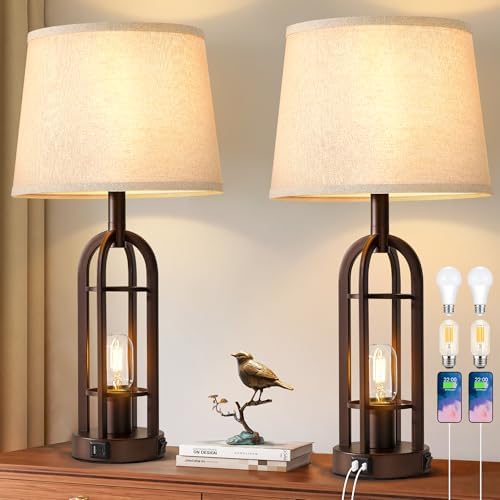 SRJJA Table Lamps for Living Room End Table Set of 2 - Farmhouse Industrial Bedside Lamps for Bedroom Nightstand with Nightlight and USB A+C, 4 Bulbs Included