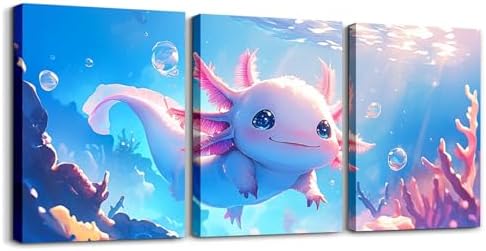 Feelyou Cute Axolotl Canvas Wall Art Kids Living Room Wall Decor for Bedroom Bathroom Ocean Sealife Paintings Modern 3 Piece Framed Canvas Art Prints Ready to Hang Cartoon Axolotl Pictures Home Decor