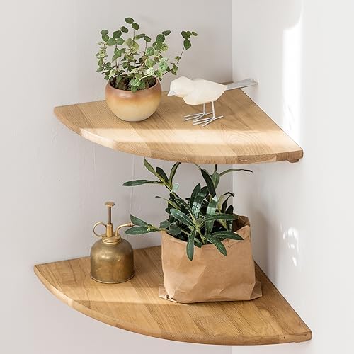 Corner Shelves, Floating Corner Shelf, Set of 2 12inch Solid Oak Wood Wall Shelves, Round End Wall Mount Display Shelf with Wire Hole for Bedroom Kitchen, Living Room