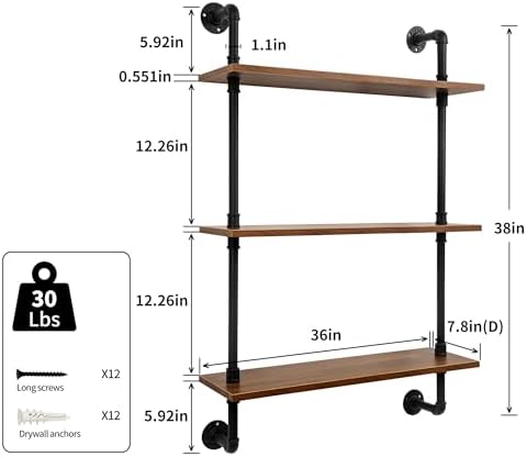 3-Tier Industrial Pipe Floating Shelf – Rustic 36 inch Wood Wall-Mounted Storage Shelf for Kitchen Office,Bathroom & Home Decor -Walnut