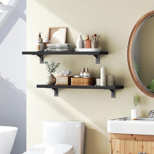 HOOBRO Floating Shelves for Wall, 23.6" Wall Mounted Shelves Set of 2, Hanging Storage Shelf with Metal Brackets, Wooden Shelf for Living Room, Bedroom, Bathroom, Black BK62BJP201G1
