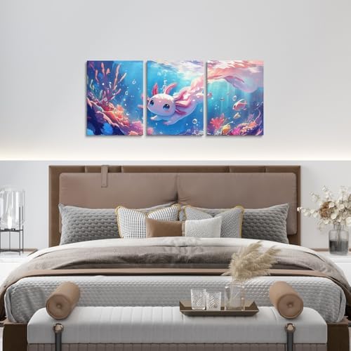 Feelyou Cute Axolotl Wall Decor for Kids Bedroom Wall Art Ocean Sealife Wall Painting Wall Artworks Hang Pictures for Office Decor Cartoon Axolotl Bathroom Home Decor Posters 12x16 inch 3 Piece