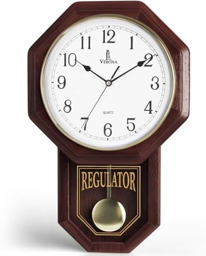Pendulum Wall Clock, Real Wood Regulator Clock, Quiet, Non-Chiming, Wooden