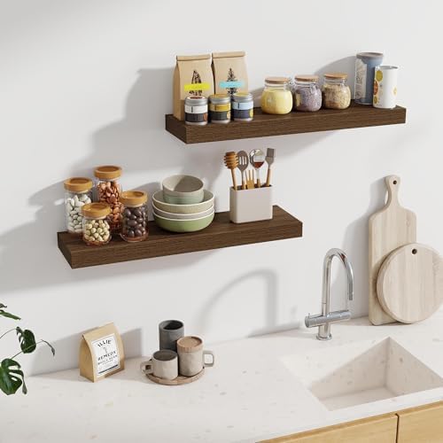 Fun Memories 30Inch Floating Shelves for Wall, 2 Pack Rustic Wood Shelves for Bathroom|Kitchen Wall Mounted Floating Shelf with Invisible Brackets for Books|Storage|Decor,Walnut