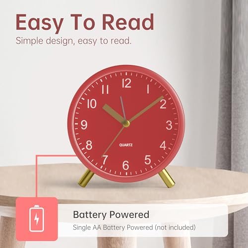 JALL Analog Alarm Clock, 4 inch Super Silent Non Ticking Small Clock with Night Light, Battery Operated, Simple Design, Easy Setting for Office, Bedroom, Bedside, Desk, Teens, Elders, Adult, Red