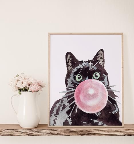 DREAM BIG PRINTABLES Cat Blowing Bubble Gum | Bombay Black Cat Art Print - 11x14 (Unframed) | Adorable Feline Decor for Cat Lovers