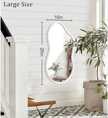 AAZZKANG Irregular Wall Mirror Wooden Large 26"x16" Decorative Hanging Mirrors Asymmetrical for Bedroom Dressing Room Living Room Bathroom Entryway White