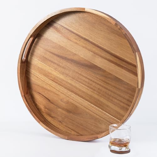 Wooden Serving Tray with Handles 22 Inch Extra Large Round Ottoman Tray Acacia Large Wood Trays for Ottoman Coffee Table Tray Decorative Trays for Living Room Wooden Trays for Food