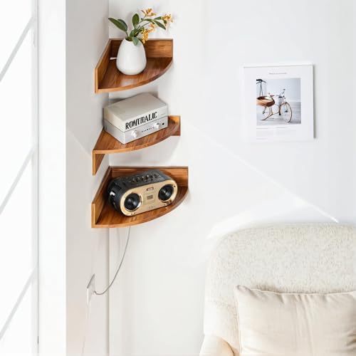 Demigo Corner Shelf Wall Mount Set of 3, Solid Acacia Wood Round Floating Corner Shelves for Storage and Display, Hanging Wood Shelves for Bedroom, Kitchen, Living Room, Bathroom (Brown)