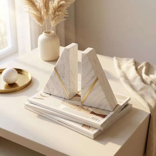 Marble Bookends Handcrafted Heavy Marble Triangular Bookshelf Decor Brass Inlay Set of 2 Decorative Bookends Book Stoppers with Non-Skid Bottom Solid Home Kitchen Office Shelves Triangle