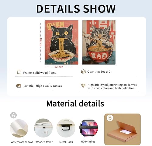 Framed Funny Black Cat Canvas Wall Art Set of 2, Vintage Japanese Cat Eating Ramen Poster, Unique Gifts and Animal Lover Printing Picture for Living Room Kitchen Dining Room Wall Decor 12x16in