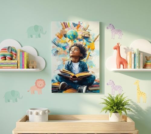 Black Boy Reading Canvas Wall Art Inspirational Books For African American Boys Painting Picture Wall Decor African Boy Poster Print Artwork for Teenagers' Living Room Study Home Decoration 12x16in