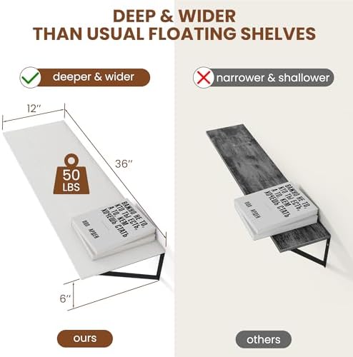Heimlove 36W x 12D Deep Floating Shelves Set of 2 White