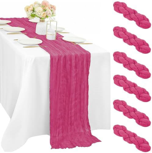 6 Pieces Hot Pink Cheesecloth Table Runners 10FT Gauze Fabric Runner for Tables Boho Table Runner Decoration Rustic Sheer Runner for Wedding Birthday Baby Bridal Shower Party (35 x 120 Inches Long)