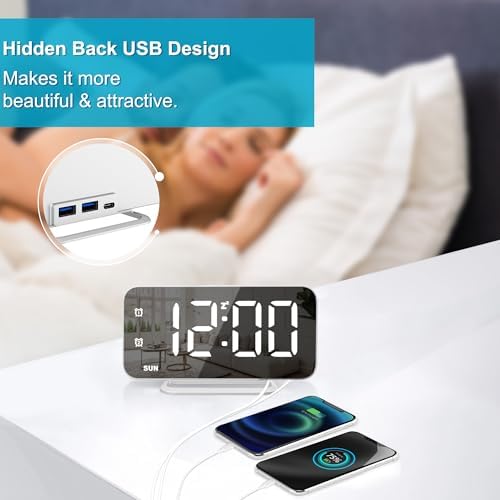 Slim LED Digital Alarm Clock, Mirror Surface for Makeup, with Diming, Large Display, Easy Setting, USB Ports, Modern Decor for Bedroom, Desk, Xmas, Birthday Gift for Women, Sister, Teen Girl, Silver